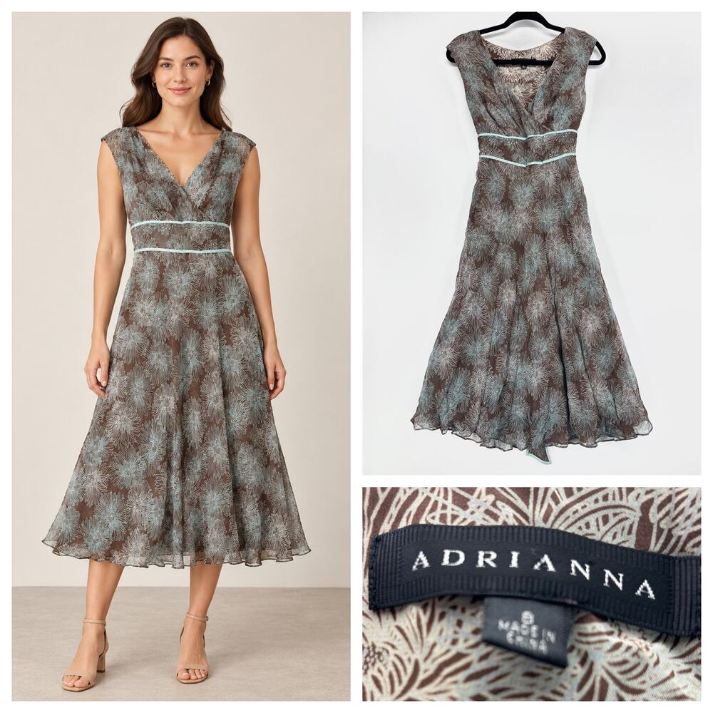 Adrianna 100% Silk Chiffon Tea Dress Size 8 Surplice Tie Back Sash Fairycore y2k